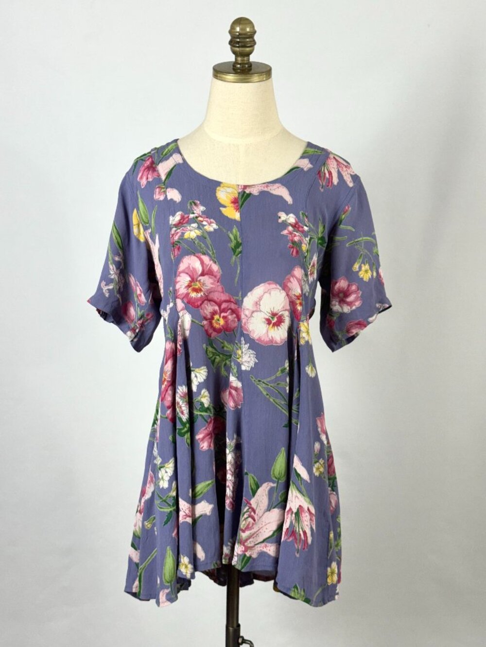 Vtg 90s Starina Periwinkle Floral Mini Dress Godet Purple Rayon Babydoll Skater